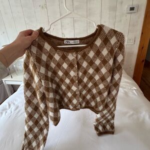 Zara Brown and White Plaid Cardigan